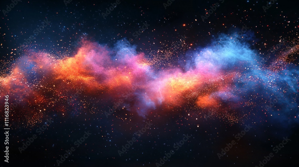 Obraz premium A breathtaking view captures the cosmic beauty of the night sky where vibrant colors swirl in a spectacular dance. Nebulas bloom with brilliant hues, creating a mesmerizing spectacle