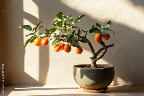 Kumquat tree with oval fruits and foliage photo