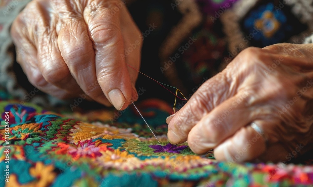 Elderly hands skillfully embroidering a colorful textile design.