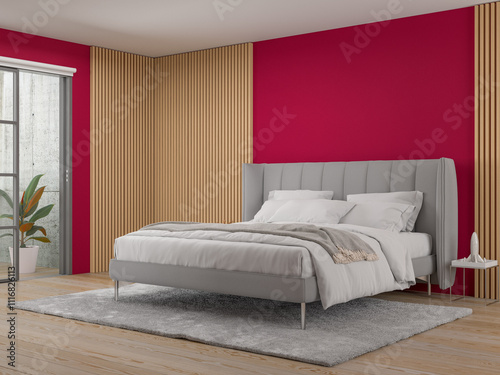 modern bedroom interior  with soundproof wood panels on burgundy wall 3D rendering
