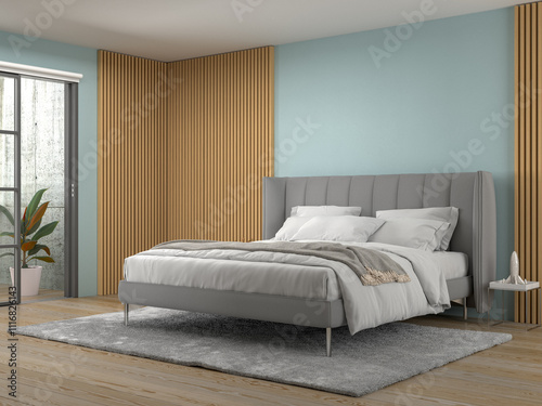 modern bedroom interior  with soundproof wood panels on turquoise wall 3D rendering
