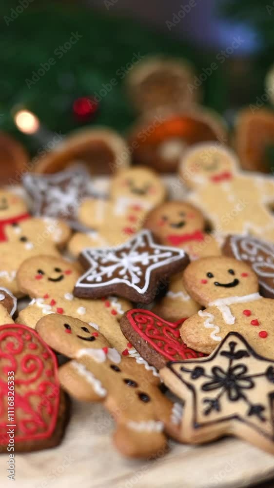 a view of a tray with gingerbread men on a wooden table with Christmas decorations and bokeh lights a view of a tray with gingerbread men on a wooden table with Christmas decorations and bokeh lights