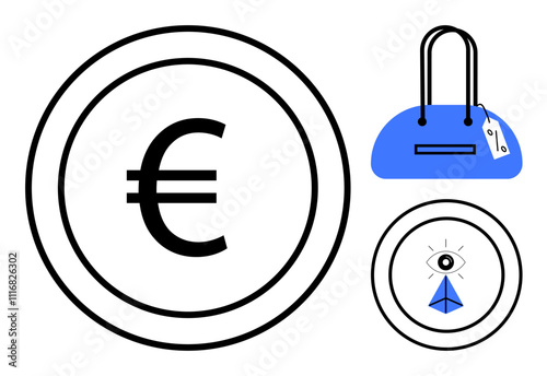 Large Euro coin, blue handbag with price tag, all-seeing eye and pyramid. Ideal for finance, fashion, retail, economics, consumerism savings security. Line metaphor