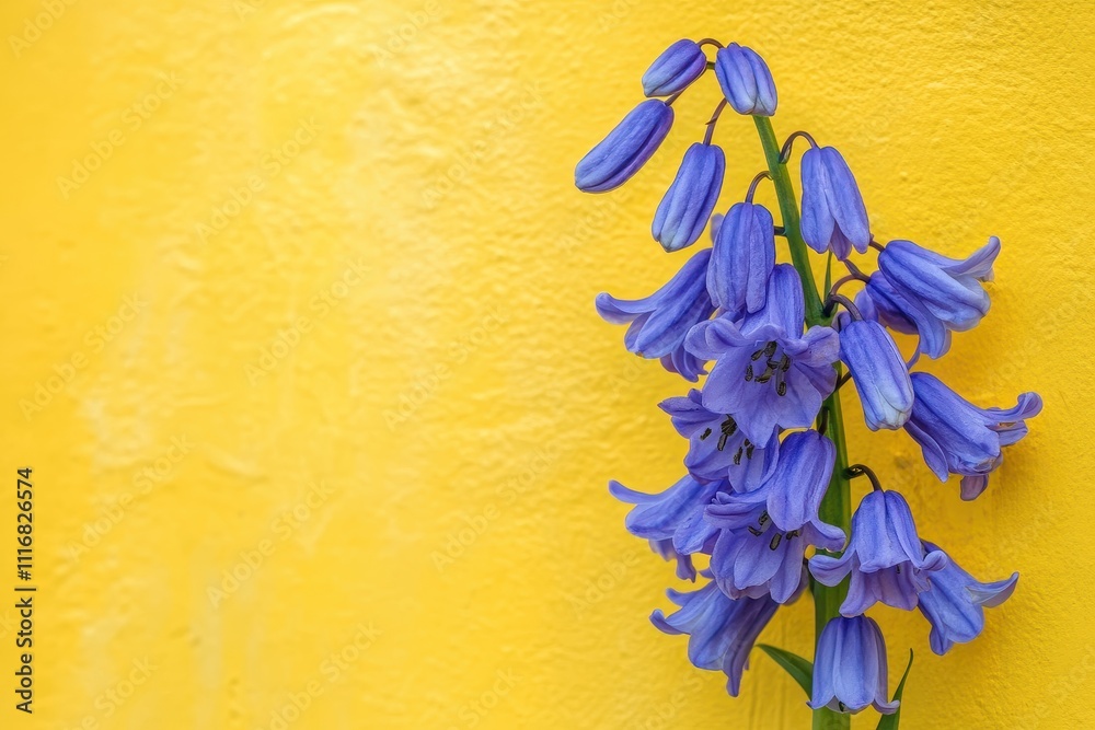 Fototapeta premium Shut bluebells against a yellow textured backdrop