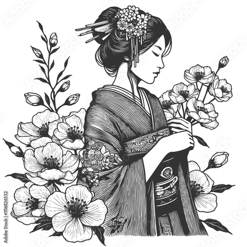 geisha in traditional kimono, surrounded by detailed blooming flowers and foliage sketch engraving generative ai fictional character vector illustration. Scratch board imitation. Black and white image