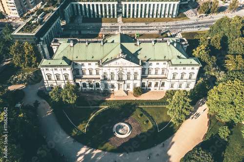 Krasinski Palace and National Library in Warsaw, Poland, view from above with green park photo