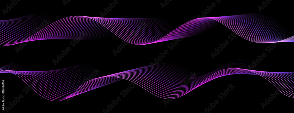 Wave sound line, abstract lines background, graphic thin curves design element, elegant tech flow backdrop. Curvy stripes making motion effect. Vector illustration.