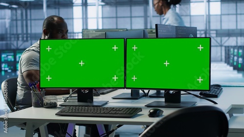 Green screen PC multi monitor setup in server hub workspace used to repair devices storing datasets. Chroma key computer used for servicing rigs doing computational operations, camera A photo