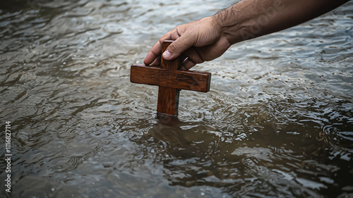 A hand emerges from the water, holding a wooden cross during a baptism ritual on Epiphany, symbolizing faith, purification, and spiritual renewal under sacred traditions. January 6th

