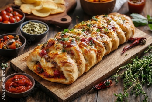 tasty calzone served on a wooden platter