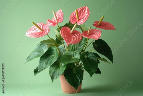 The striking large pink Anthurium Andraeanum commonly called Flamingo or Tailflowers is a sought after indoor plant featuring vibrant red spathes photo