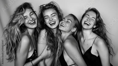 Wallpaper Mural four young girls in their 20s, college sorority sisters, having fun taking photo, group photo, laughing, posing, standing in front of a pure white backdrop, black and white photo, high contrast, reali Torontodigital.ca