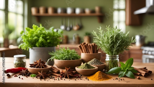 Aromatic herbs and spices arranged on a kitchen counter.