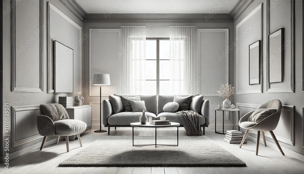 Fototapeta premium Modern Minimalist Living Room with Grey Sofa and Scandinavian Decor