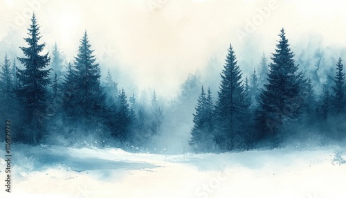 Winter Forest Scene Watercolor Banner with Copy Space for Christmas and New Year Celebrations photo