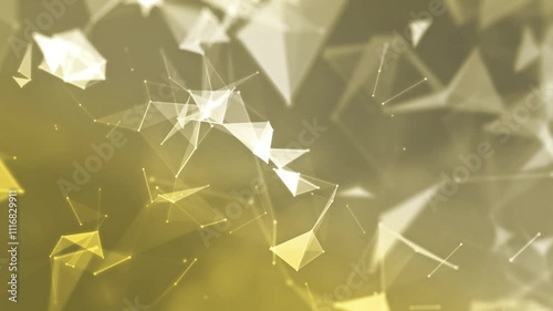Surface made of triangles, futuristic network, abstract background with motion plexus of dots and lines, technology,  social networks, communication, business, yellow background. 
