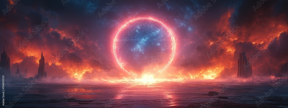 Cyberpunk Portal Scene with Glowing Circles and Cosmic Energy in Dramatic Lighting Cyberpunk Portal Scene with Glowing Circles and Cosmic Energy in Dramatic Lighting