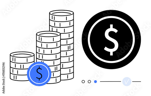 Stacks of coins next to a large dollar sign. Ideal for financial planning, investment strategies, budgeting, wealth management, economic growth, business profits. Line metaphor