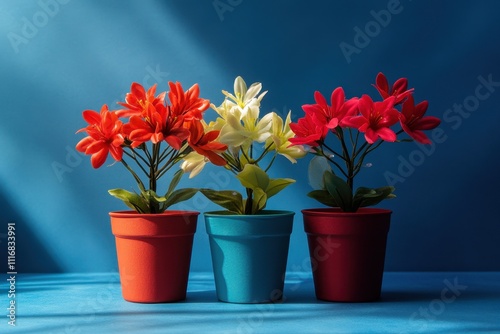 Wallpaper Mural Vivid red artificial flowers in pots against a soothing cool backdrop Torontodigital.ca