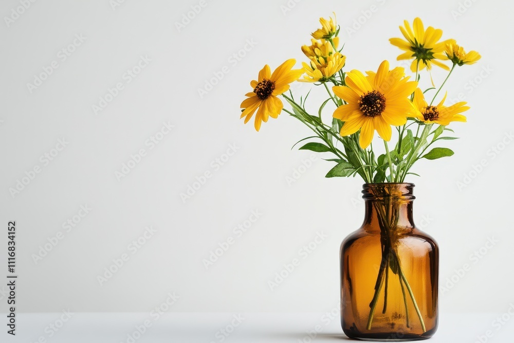 Fototapeta premium White backdrop with vase of yellow blooms