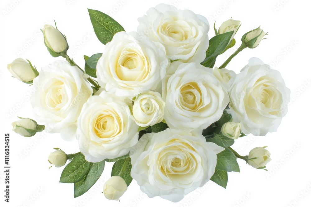 White roses and eustoma bouquet on white background viewed from above White roses and eustoma bouquet on white background viewed from above