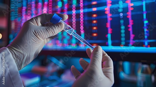 Gloved hands carefully handling a microtube with a pipette, against a vibrant data screen. photo