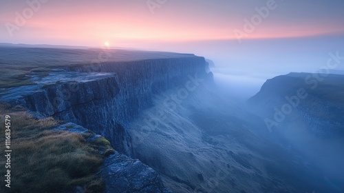 Serene Sunrise Over Majestic Cliffs and Misty Valley Landscape