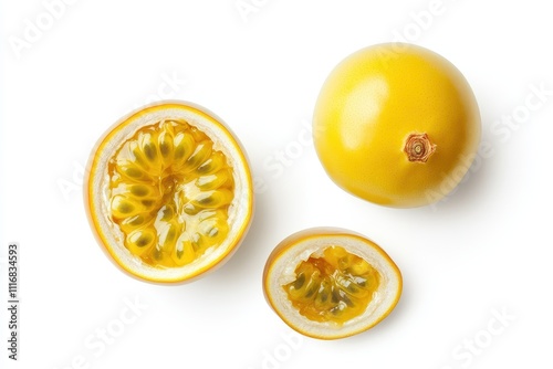 Whole and halved passion fruits on a white backdrop Maracuya with clipping path top view