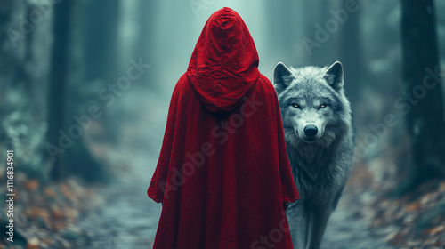 Little Red Riding Hood and the wolf walking through a forest, with the back of the girl in the red cloak creating a mysterious, symbolic atmosphere of adventure and danger