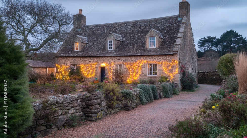 Obraz premium Cozy Stone House with Warm Holiday Lights in Winter Twilight