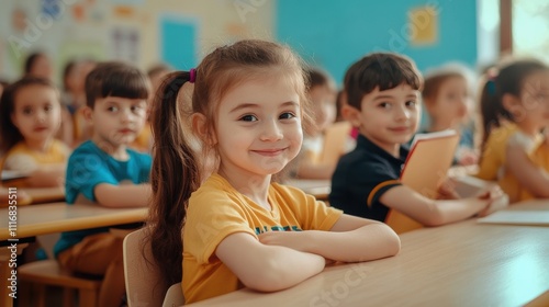 primary elementary school group of children studying in the classroom. learning and sitting at the desk. young cute kids smiling, high quality photo