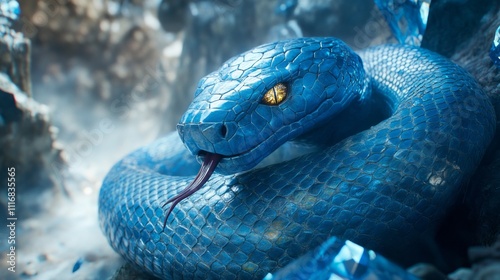 A majestic blue serpent rests elegantly amidst a pile of glistening gemstones, its scales reflecting vibrant colors. The environment is enchanting, filled with brilliant light photo