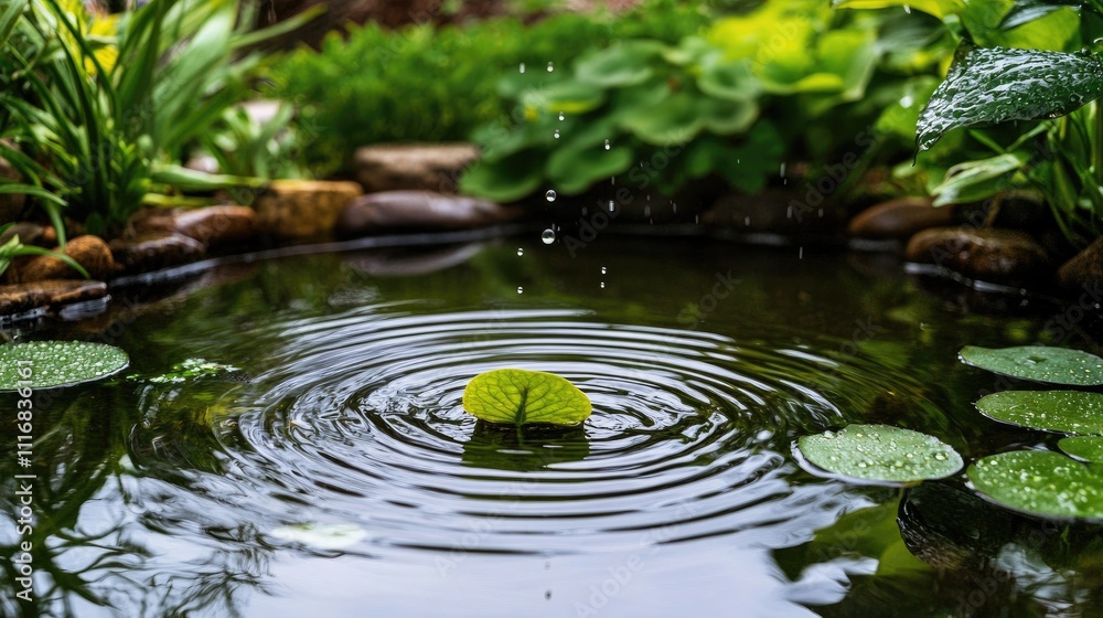 Tranquil Garden Pond with Water Droplet and Lily Pad Reflection Tranquil Garden Pond with Water Droplet and Lily Pad Reflection