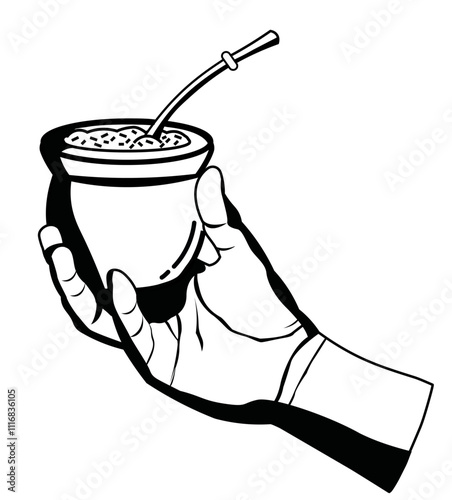 Illustration of a hand holding a traditional mate cup in black and white style