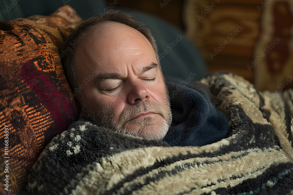Obraz premium Old Man Peacefully Rest Under a Cozy Blanket