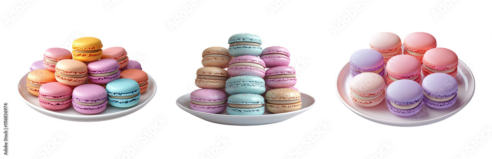 Fototapeta premium Macarons Display on White Plates Isolated on transparent background