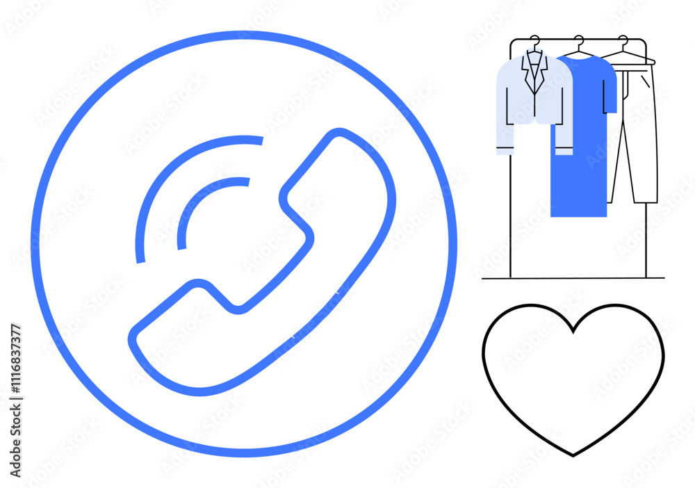 Phone icon with ringing sound within a blue circle, clothing items on a rack with blue garment, and a black heart symbol. Ideal for communication, fashion, shopping, customer service, love, call Phone icon with ringing sound within a blue circle, clothing items on a rack with blue garment, and a black heart symbol. Ideal for communication, fashion, shopping, customer service, love, call