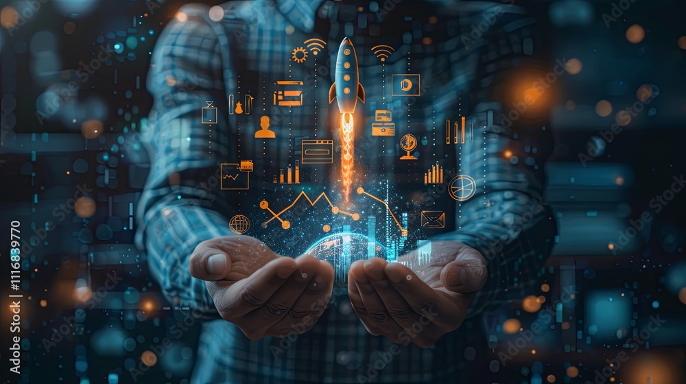 Obraz premium Hands Holding a Digital Rocket Launching with Global Data and Analytics