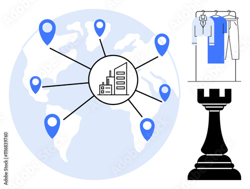 World map with location pins connecting to a central factory icon, clothing rack with garments, large rook chess piece. Ideal for logistics, global business, supply chain, fashion industry, strategic