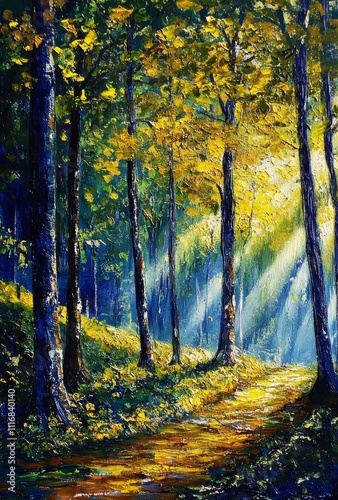 Vibrant Impressionist Forest Painting with Sunlight and Colorful Foliage in a Peaceful Landscape