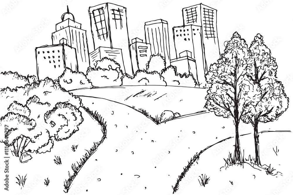 Fototapeta premium Modern Cityscape with Vibrant Trees and Bushes. white background illustration.