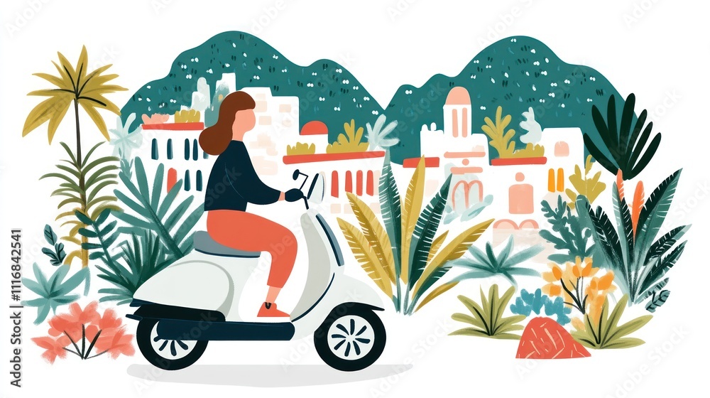 Fototapeta premium A woman riding a scooter through a vibrant, tropical landscape with buildings in the background.