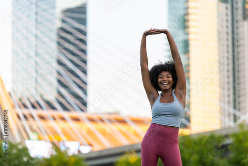 Young healthy black athlete Portrait exercise stretch alone photo