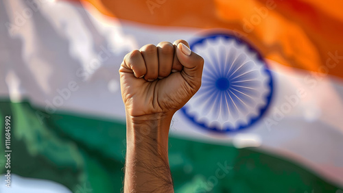 Powerful fist of people, people leaders hand with India flag background, labor day, equal rights for people, republic day 26 January, 15 August independence day  photo