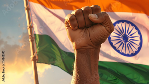 Powerful fist of people, people leaders hand with India flag background, labor day, equal rights for people, republic day 26 January, 15 August independence day 
