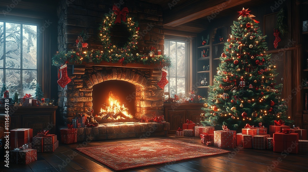 Fototapeta premium Cozy Christmas Scene Fireplace Tree Presents Winter