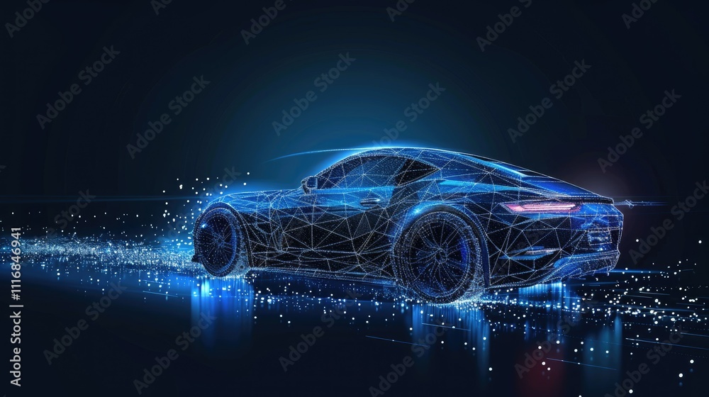 Naklejka premium Futuristic sports car, digital lines, glowing trails, dark background.