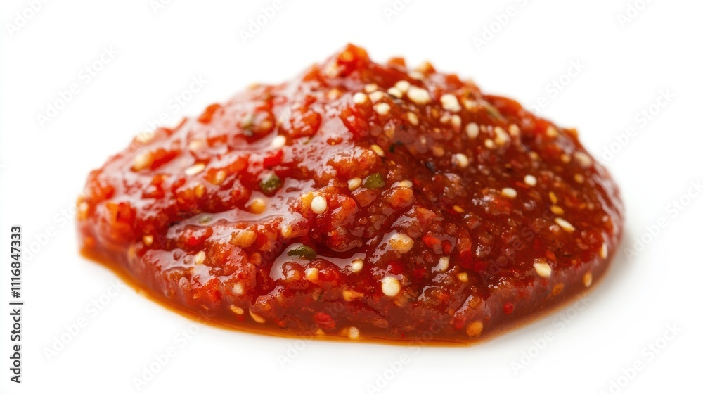 Obraz premium A dollop of spicy red chili sauce on a white background.