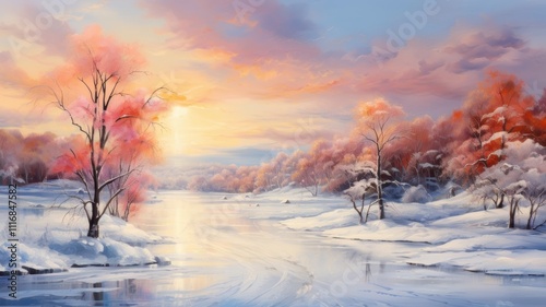 Frozen lake winter landscape at sunset