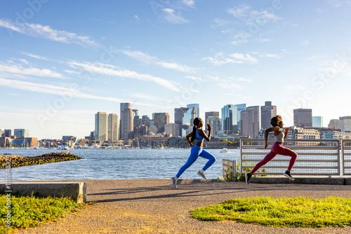 Two healthy black athletes running in Boston